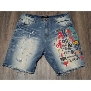 AKOO‎ Denim Shorts Size 36 Distressed Paint Splatter Graphic Print Blue